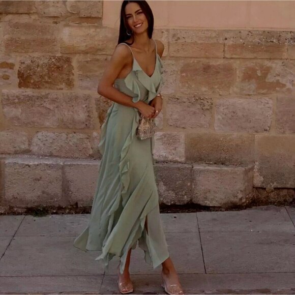 SOLD ZARA NEW WOMAN STRAPPY LONG DRESS RUFFLES ASYMMETRIC HEM SEA GREEN M - Picture 1 of 9